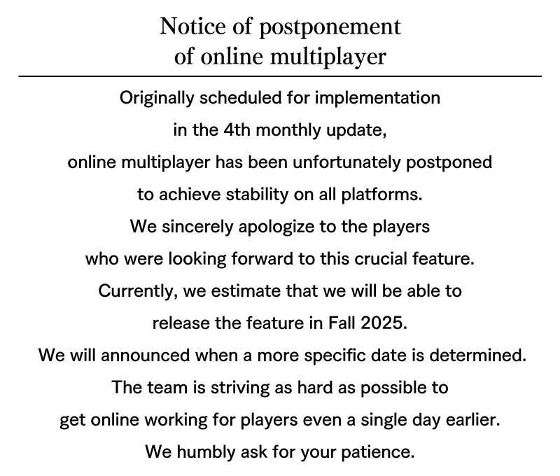 Notice of postponement of online multiplayer