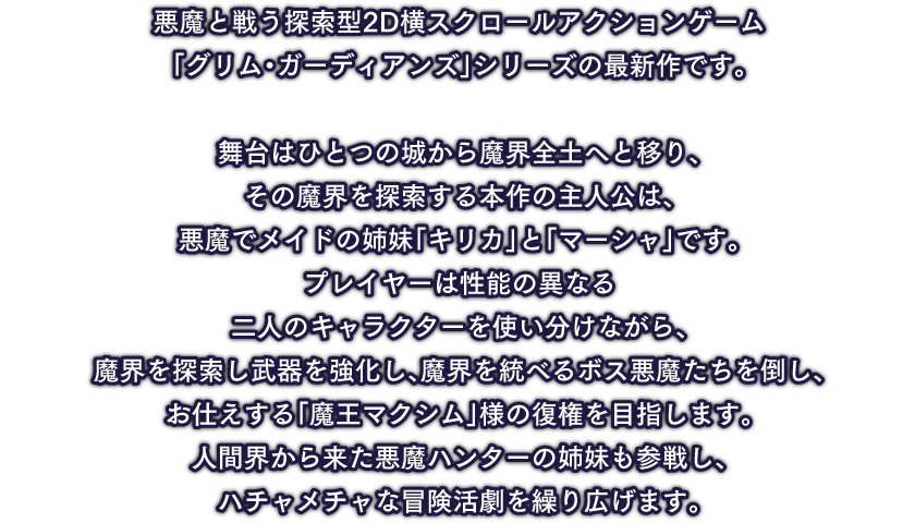 悪魔と戦う探索型2D横スクロールアクションゲーム「グリム・ガーディアンズ」シリーズの最新作です。