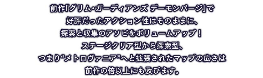 前作「グリム・ガーディアンズ デーモンパージ」で好評だったアクション性はそのままに、探索と収集のアソビをボリュームアップ！